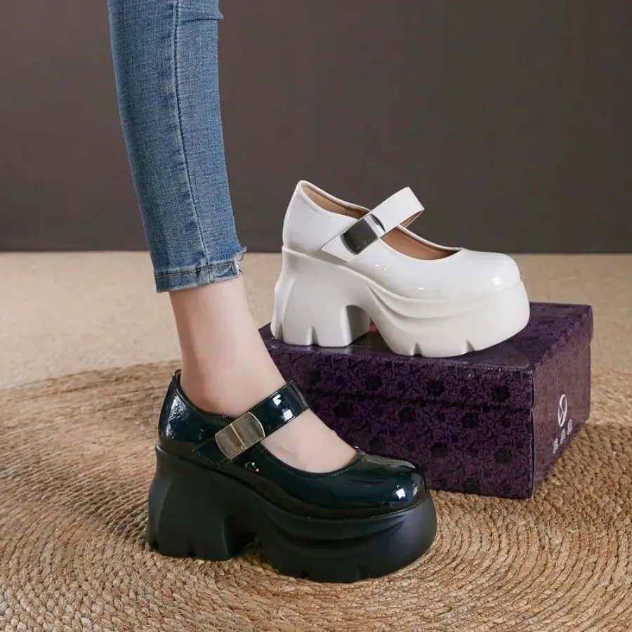 

Krasovki 10cm Patent Leather Synthetic Chunky Fashion Heels Platform Casual Chunky Heel Females Hight Lace Up Summer Women Shoes