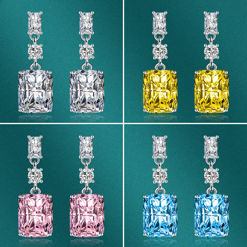 

Charms S925 Silver Needle Blue Pink High Carbon Diamond Square Tassel Pendant Earrings Women's Jewelry Wedding Gift for Guest