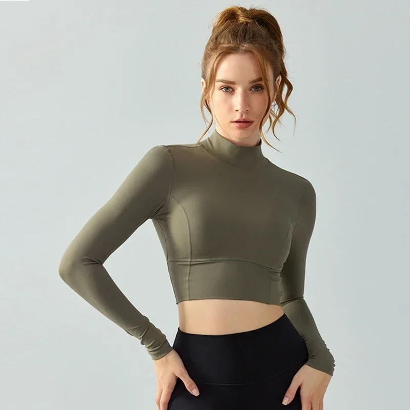 

al yoga standing collar yoga suit long sleeve women half fixed cup hollow exercise tight fitness top