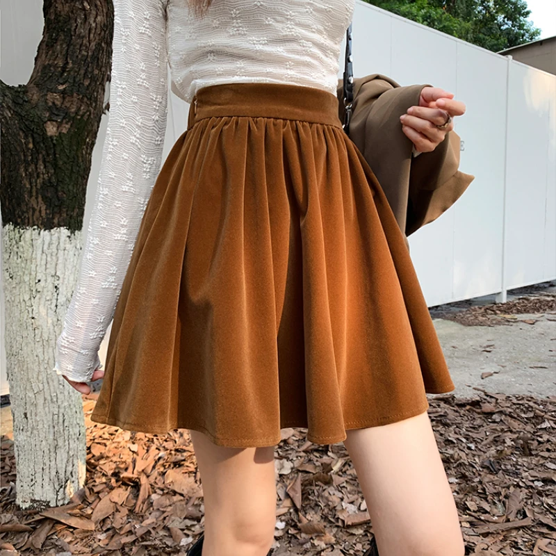 

Velvet Pleated Skirt Women 2023 Autumn and Winter High Waist Solid Color Thin A-line Skirt Female Elegant Versatile Mini Skirt