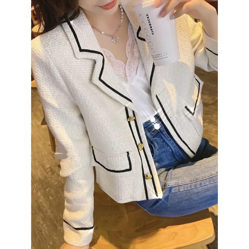 Tweed Blazer Spring Autumn Lattice Wool Jacket Women Coat Korean Chic Office Lady Short Jacket Nylon Knit Button Outerwear New