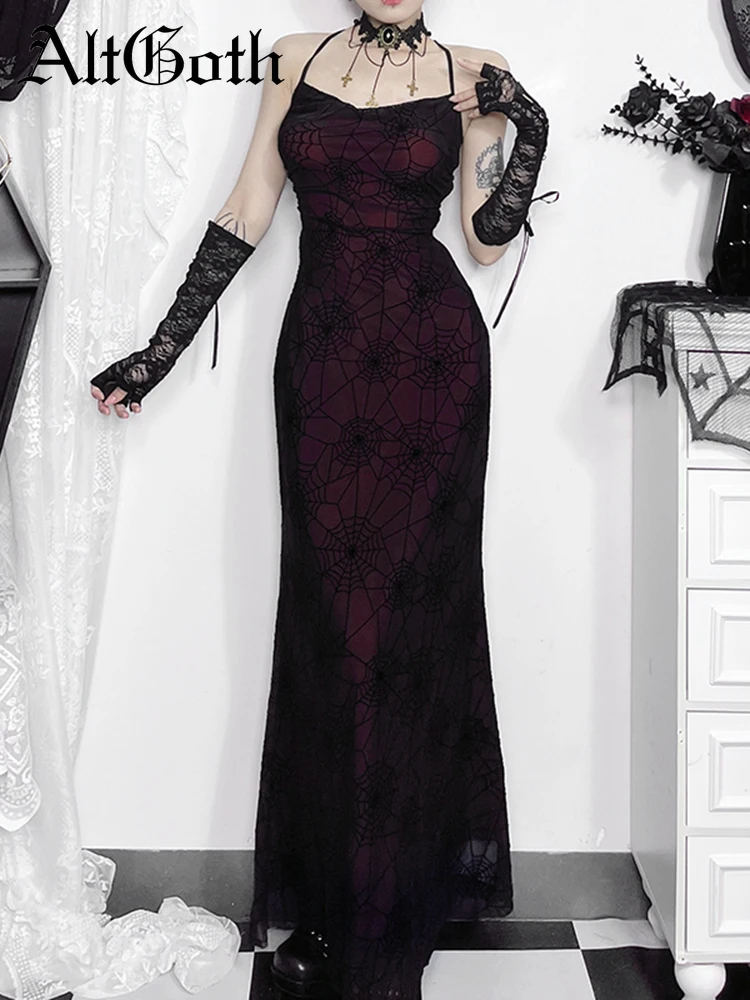 AltGoth Mall Goth Spider Web Dress Women Vintage Dark Coquette Spaghetti Strap High Waist Party