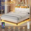 Bed Frame with Led Lights and Storage Headboard, LED Bed Frame with Charging Station, Velvet Upholstered Platform Bed Frame 5