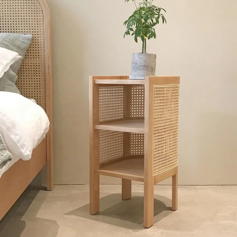 Japanese Bedside Table Rattan Woven Wood Bedroom Furniture Double-layer Structure Nightstand Table Versatile Scene Side