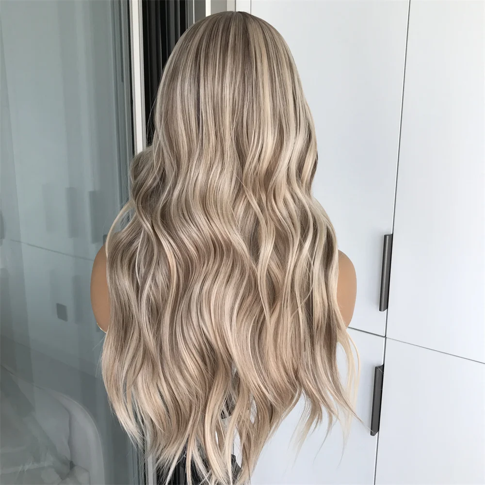 Highlight Honey Blonde Synthetic Lace Front Wig Body Wave Pre Plucked Long Wavy Heat Resistant Fiber Wig for Women Daily Use