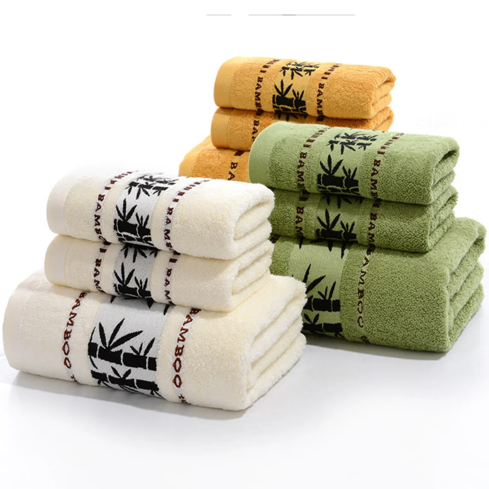 Set Of 3 Thicker Bamboo Green Bath Beach Towel Set For Adults Face Hand Sport Towels Bathroom 35cmx75cm*2pcs And 70cmx140cm*1pcs