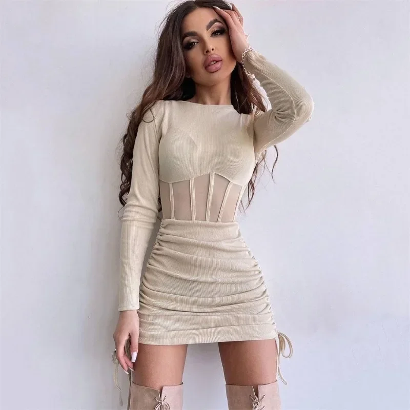 

Mesh Hollowed Out Waist Cinched Dress for Women in Spring and Summer Fashion, Round Neck Sexy Long Sleeved Pleated Short Skirt