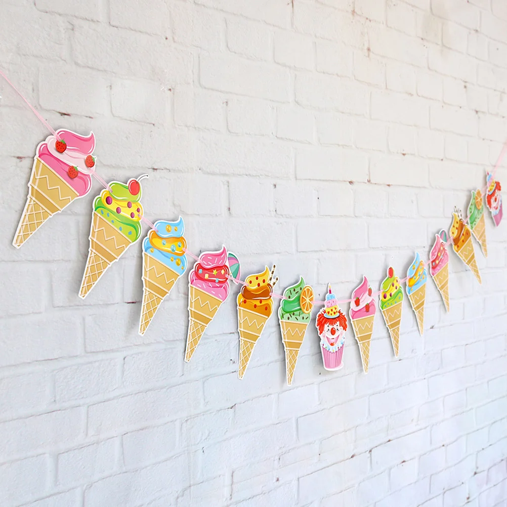 Colorful Ice Cream Shape Pull Flag Decorative Paper Banners Summer Theme Pull Garland Party Bunting for Party Carnival Banquet