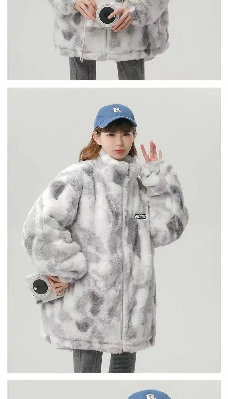 Tie dye Lamb wool Coat 2025 New Winter Trendy Student Cotton Jacket Thicken Loose Stand collar Coats Female Warm Parka Overcoat