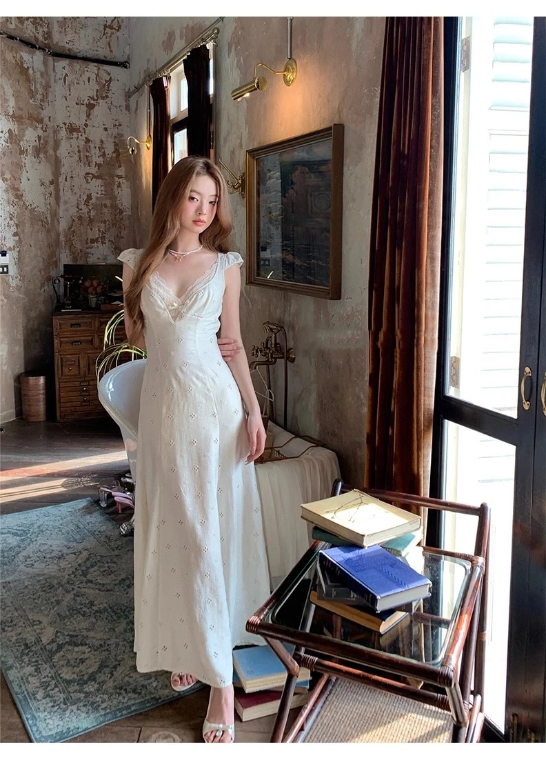 New Summer Hollow Out Midi Dress Women V-neck Vocation French Style White Dress Elegant Casual Korean Fashion Slim Vestidos 2025