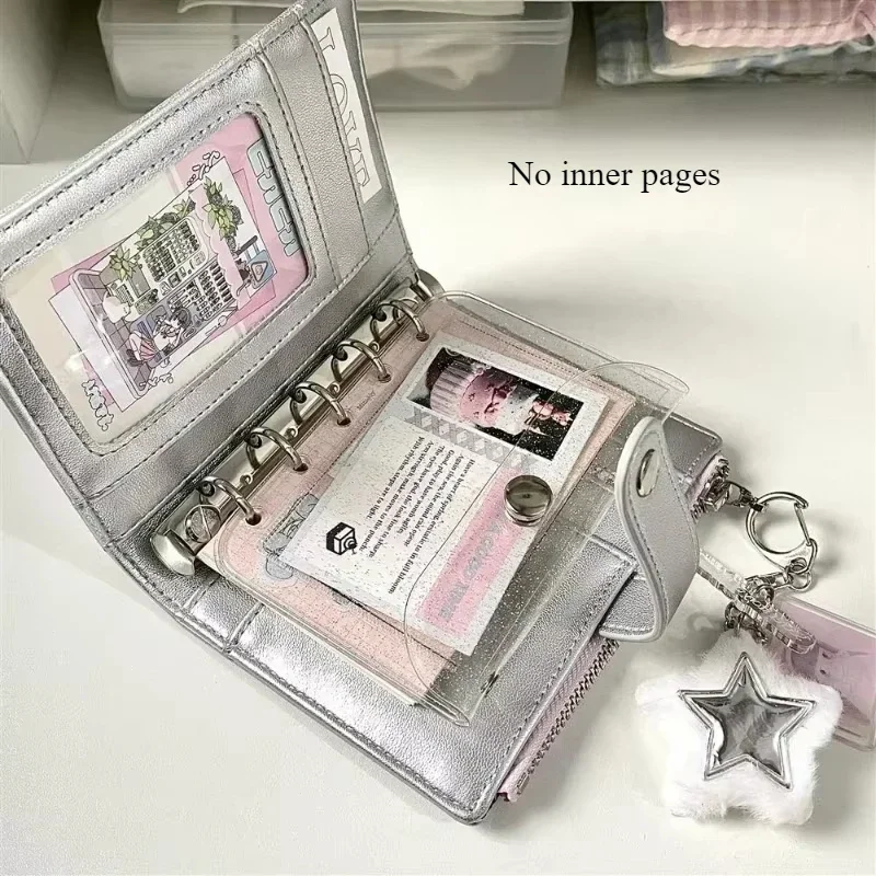 1Pcs Silver Small Notebook Soft Leather Girls Portable Card Holder Student Binder M5 Notepad Simple Ins Style Flipbook 2