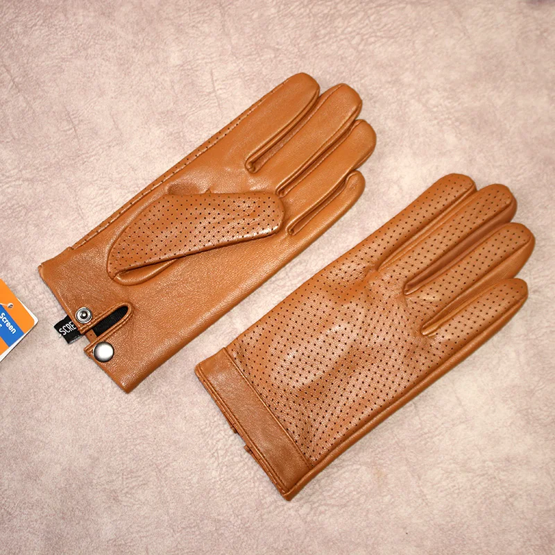 Men\'s 100% Real Leather Perforated Breathable Fashion Button Wrist Driving Golf Riding Touch Screen Short Gloves
