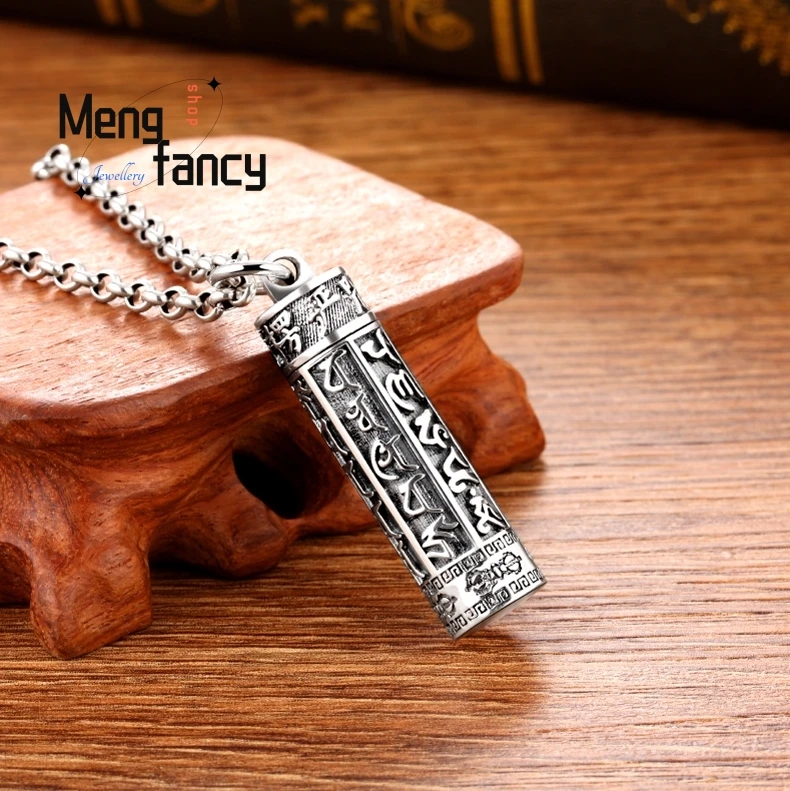 Thai Silver Leng Yan Mantra Six-word Motto Amulets Retro Hollow Sutra Cylinder Transhipment Pendant Fashion Jewelry Holiday Gift