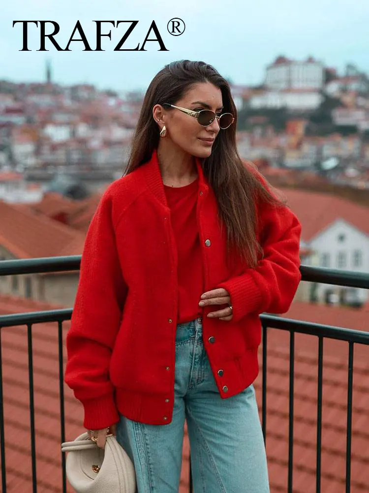 HH Women Casual Coat Solid Single Breasted Long Sleeve O-Neck Pocket Jacket Female Fashion Streetwear Lady Red Outwear