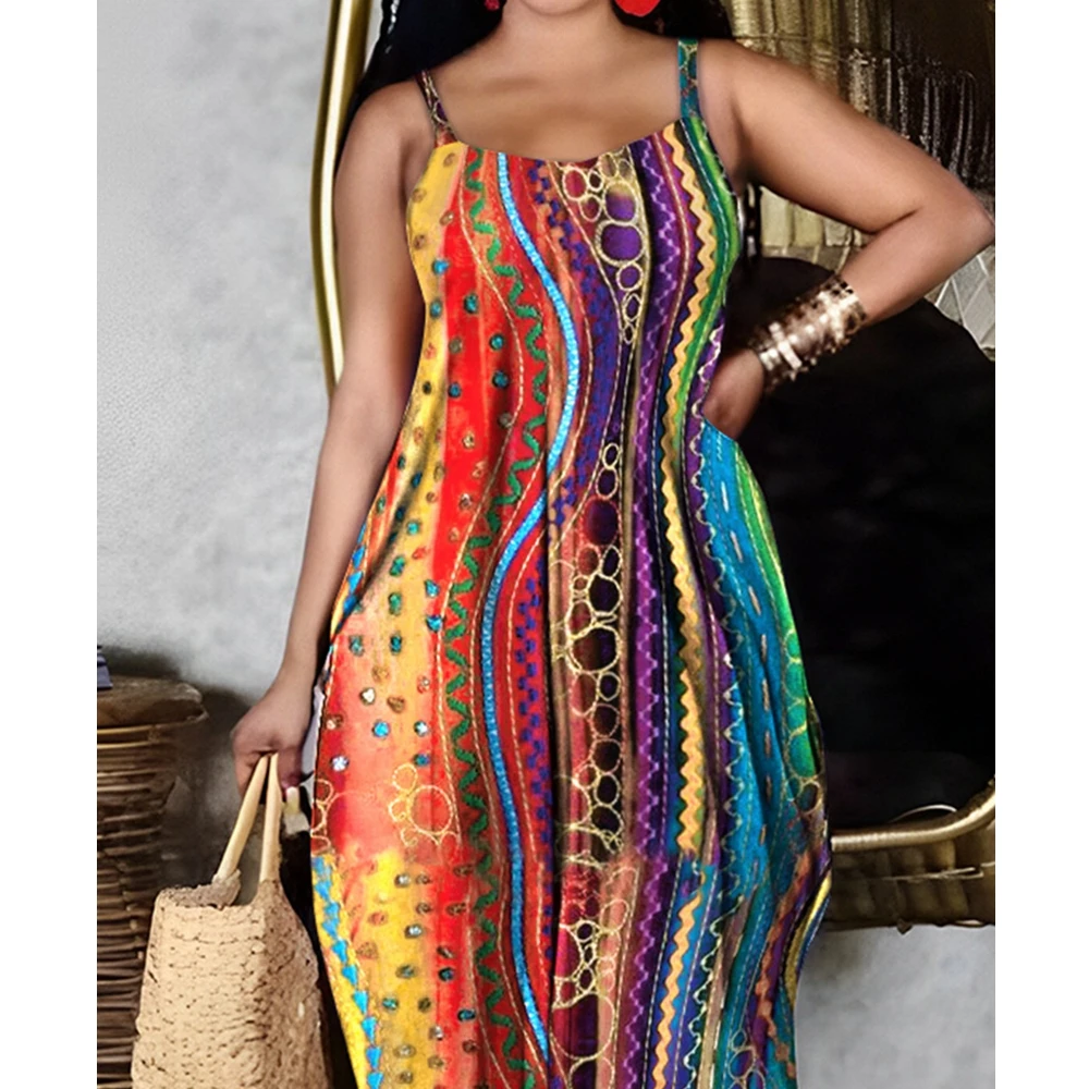 

Wepbel Floral Print Casual Dress Loose Summer Sexy Camis Dress Women Spaghetti-Strap Full Length African Ethnic Style Dress