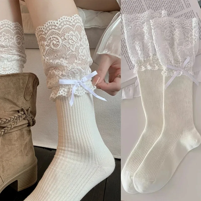 Lolita Women Harajuku Retro Lace Patchwork Mid Tube Calf Socks JK Frilly Ruffle Cotton Princess Girls Soft Wedding White Socks