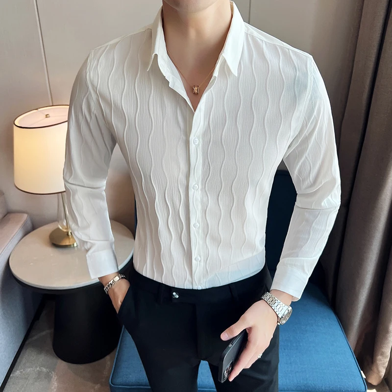 

Autumn New Male's Striped Business Office Long-sleeved Shirts Fashion Light Luxury Solid Color Slim Casual Banquet Tuxedo Blouse