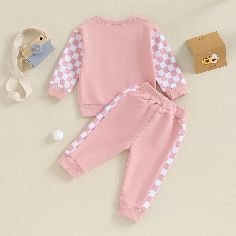 

Newborn Baby Girl Clothes Checkerboard Print Long Sleeve Crew Neck Sweatshirts Long Pants 2Pcs Fall Outfits