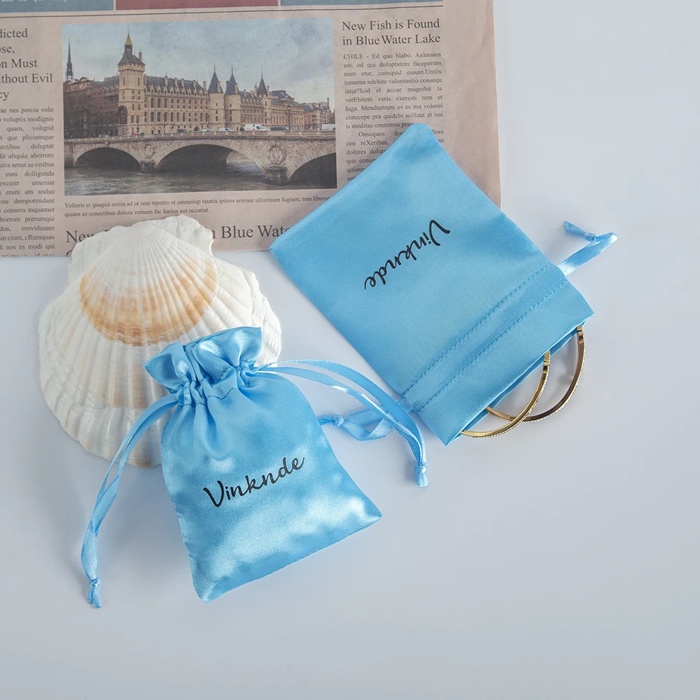 100pcs/lot Drawstring Satin Silk Bag Pouch Custom Logo Jewelry Bracelet Necklace Earrings Packaging Storage Bags Wedding Favor