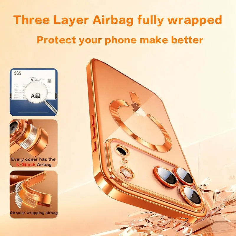 Elegant Fashion Orange Magnetic Clear Case with Wireless Charging Compatibility - Plating Soft Business Cover