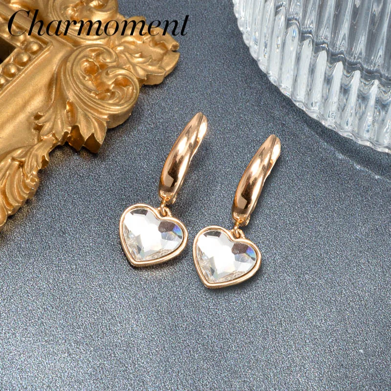 

Charmoment Jewelry Crystal Drop Earrings Hanging Heart Pendant Aesthetic Ear Clip Women Girl Jewellery Gold Plated Accessories