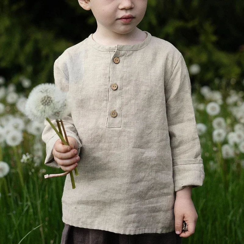 Autumn New Cotton and Linen Children Clothing Wooden Single Breasted Long Sleeved Shirt Cute Boys and Girls Baby Shirt