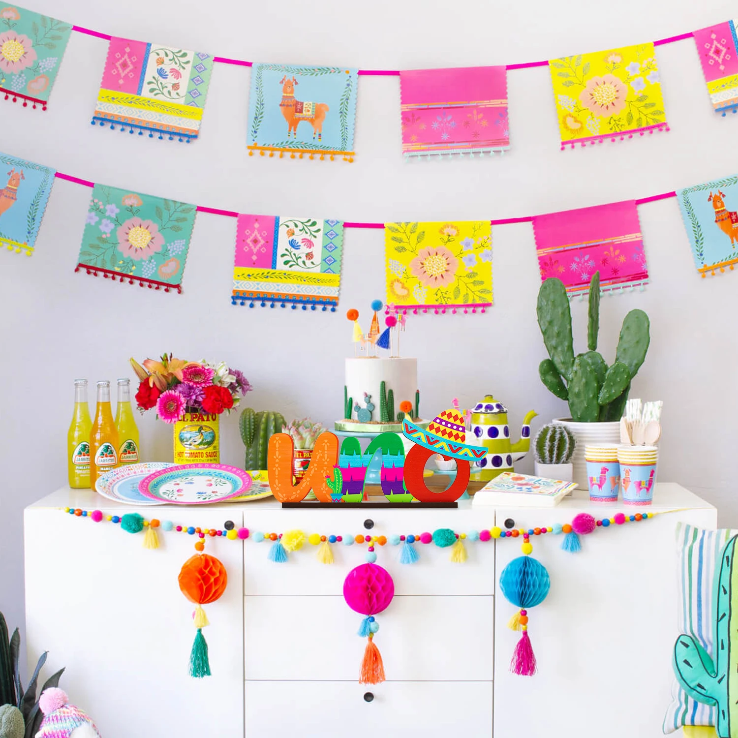 Mexican Festival ONE Wooden Desktop Centerpiece Photo Decor Props Display for 1st Birthday Party Tabletop Decoration Baby Shower