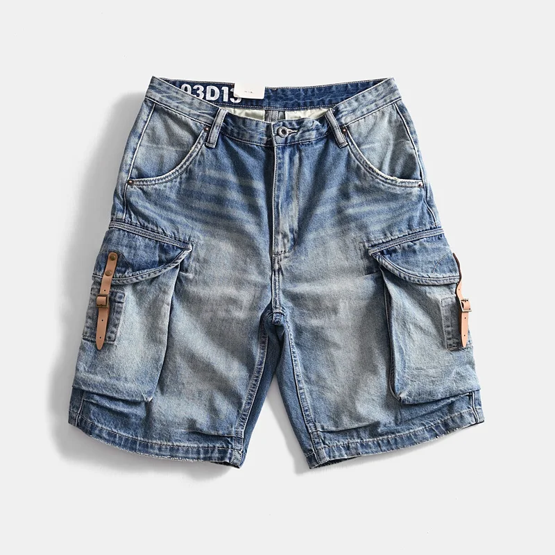 Vintage cotton to do old system cargo multi-bag loose denim shorts men's wash American casual quarter pants trend