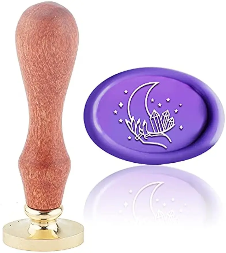 

1PC Wax Seal Stamp Crystal Moon Oval Wax Sealing Stamp Hand Retro Vintage Brass Seal Head Wooden Handle Removable for Wedding