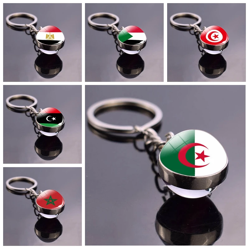 

North Africa Flag Keychain Algeria Sudan Tunisia Morocco Libya Egypt Glass Ball Keyring Chain Country National Jewelry