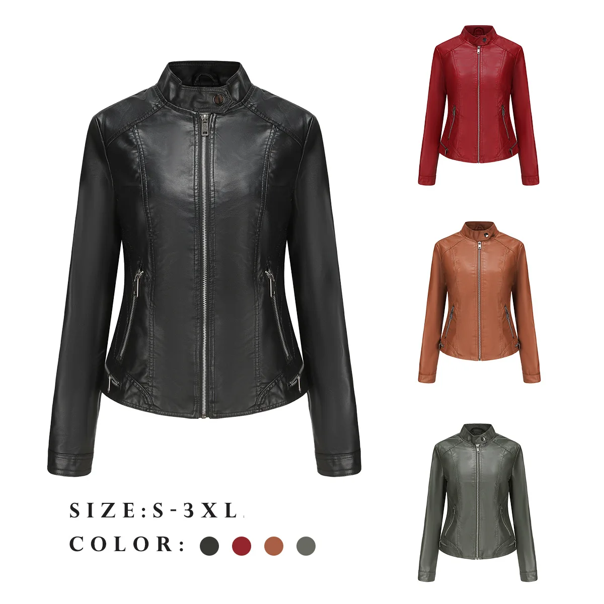 

2023 Solid Fall Women Bike Coat Faux Leather Outwear Zipper Outfit Spring Autumn Wome Fashion Short Thin Female Jacket Coat