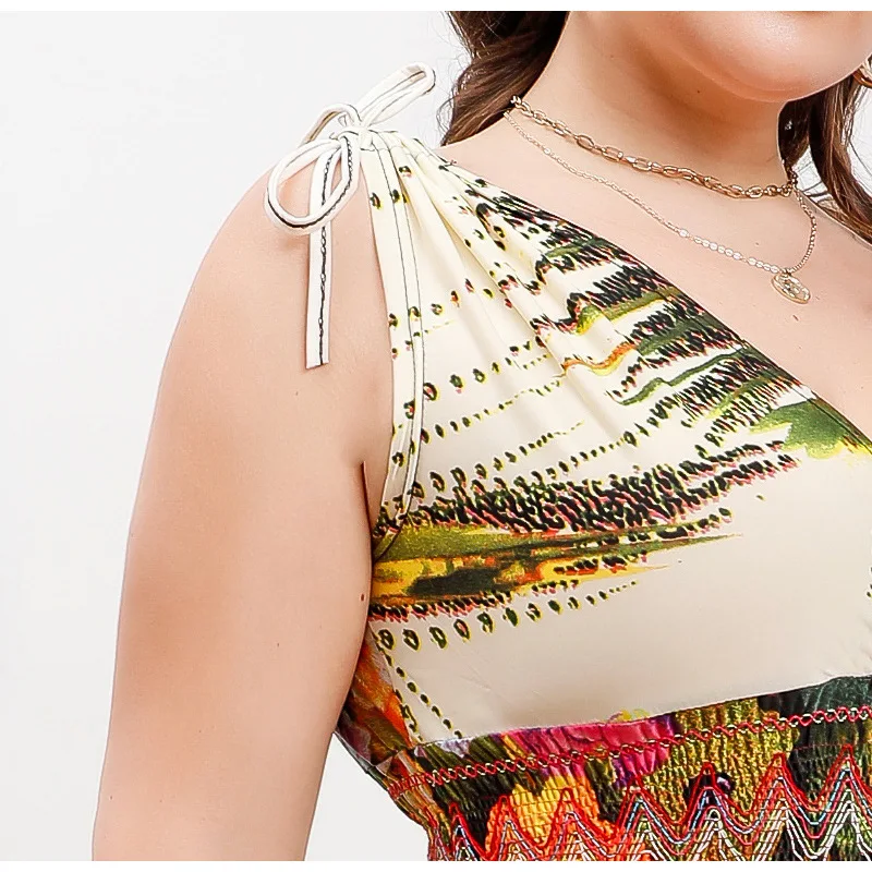 Bohemian Plus Size Women's Clothing Deep V-neck Floral Printing Bandage Sleeveless Loose Beach Vacation Ice Silk Maxi Dresses