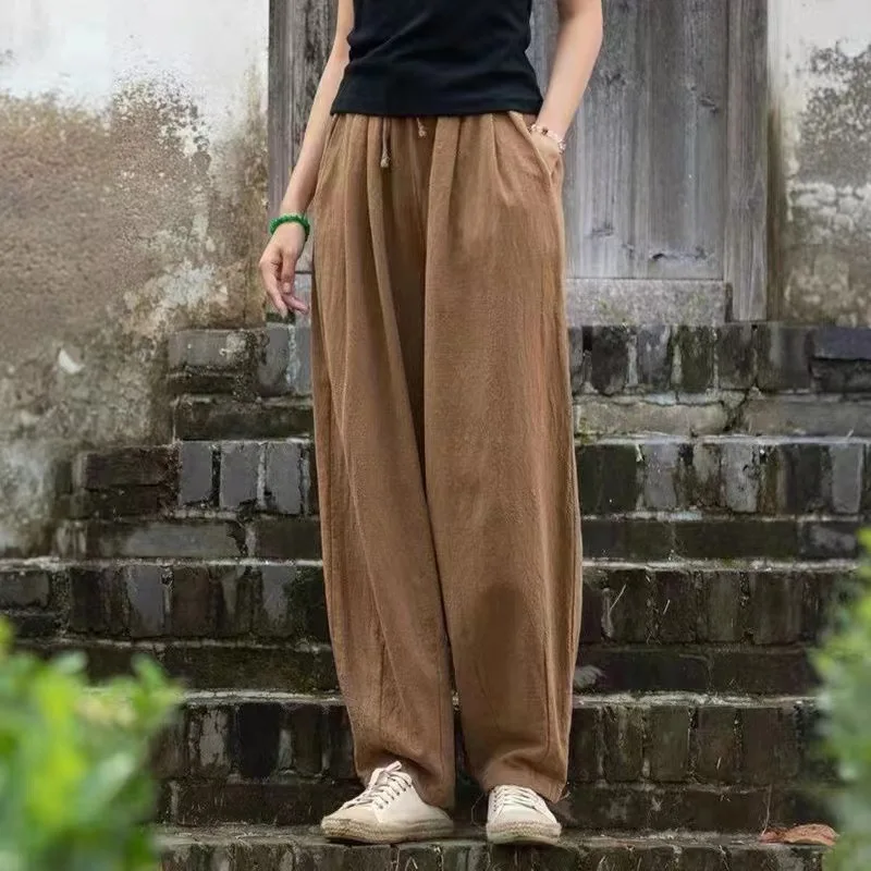 

2023 Literary Retro Loose Ramie Cotton Tied Rope Casual Pants Girls High Waist Radish Pants Women's Cotton Hemp Trousers