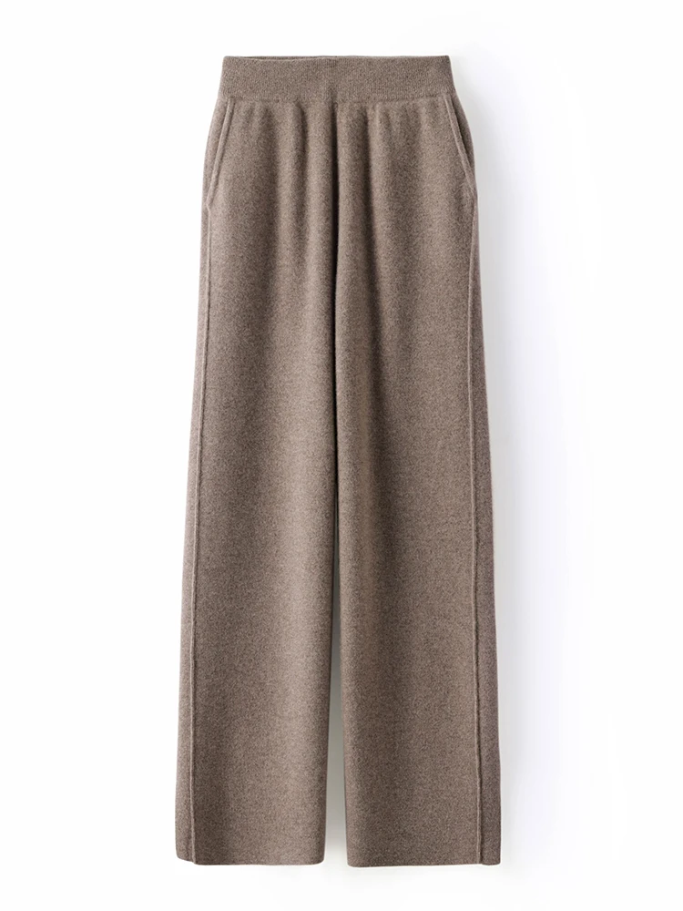 Women Wool Wide Leg Pants Threaded Elastic Waist Cashmere Trousers Autumn Winter 100% Merino Wool Knitted Soft Slit Design Pants