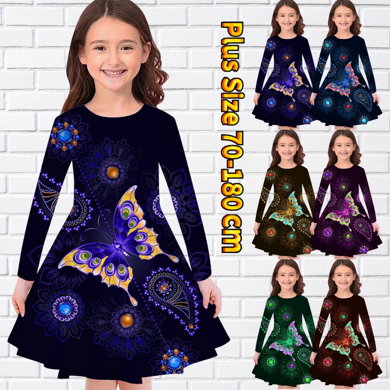 

Autumn Little Girl Knee-length Skirt Round Neck Butterfly Pattern Princess Skirt Vintage Prints Long Sleeve Skirt Midi Skirt