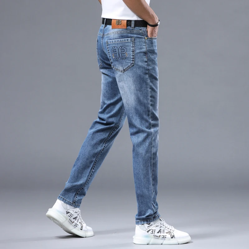 2024 New light luxury high-end European goods trend fashion embroidery slim small straight leg MEN'S stretch versatile jeans
