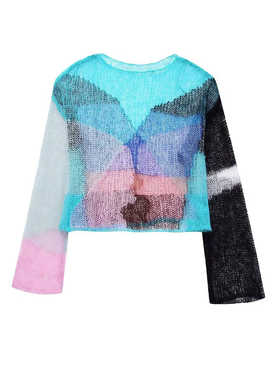 

Women Basic Crop Tops Contrast Colors Knit Cutout Long Sleeve Shirt Casual Pullovers for Club Streetwear