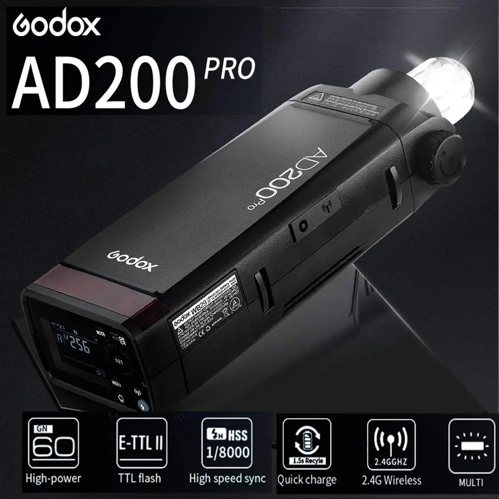 Godox AD200 Pro AD200Pro Flash Strobe TTL Pocket Flash Monolight 200W 2.4G Speedlite HSS 1/8000s with 2900mAh Li-ion Battery