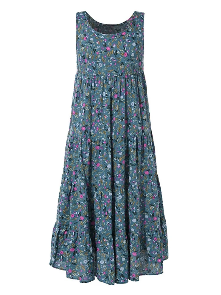 

Floral Print Bohemian Casual Dress 2023 New Summer Sleeveless O-Neck Women Boho Dress Holiday Beach Sundress 4XL 5XL