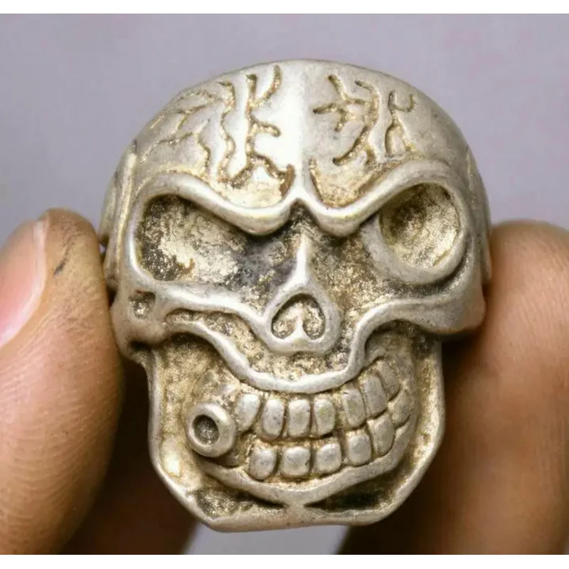 

3CM Old Chinese Silver primitive man Skull Head skeleton crossbones Ring Rings