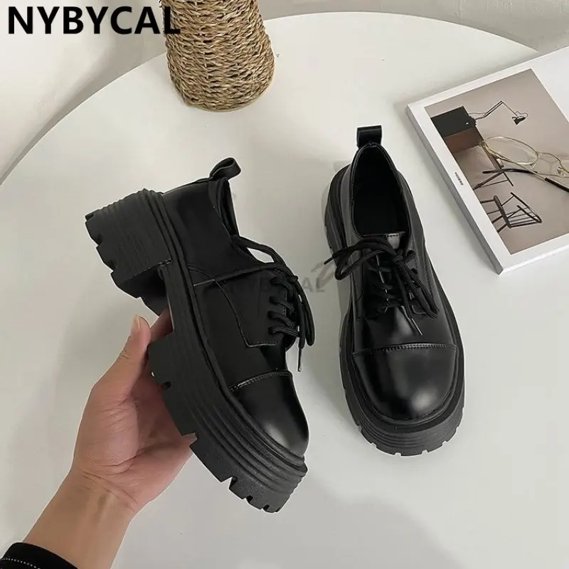 

2023 New Women Loafers Female Fashion Platform Pu Block Heels Lolita Shoes Ladies Cute Lace Up Shallow Autumn Sudents Footwear