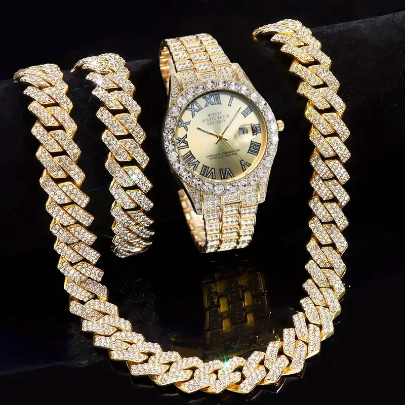 3pcs Necklace + Bracelet + Watch Cuban Chain Watch for Men Hip Hop Miami Curb Iced Out Paved Rhinestone
