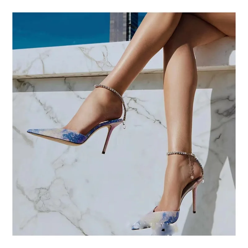 

2024 New Style Crystal Pointed Toe High Heels Rhinestone Bling Bling Ankle Strap Pumps Chain Shiny Summer Women Sexy Sandals