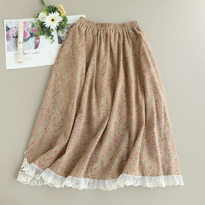 Summer Sweet Mori Girl Embroidery Spliced Floral Skirt Women Elastic Waist Casual Loose Vintage Cotton Skirts