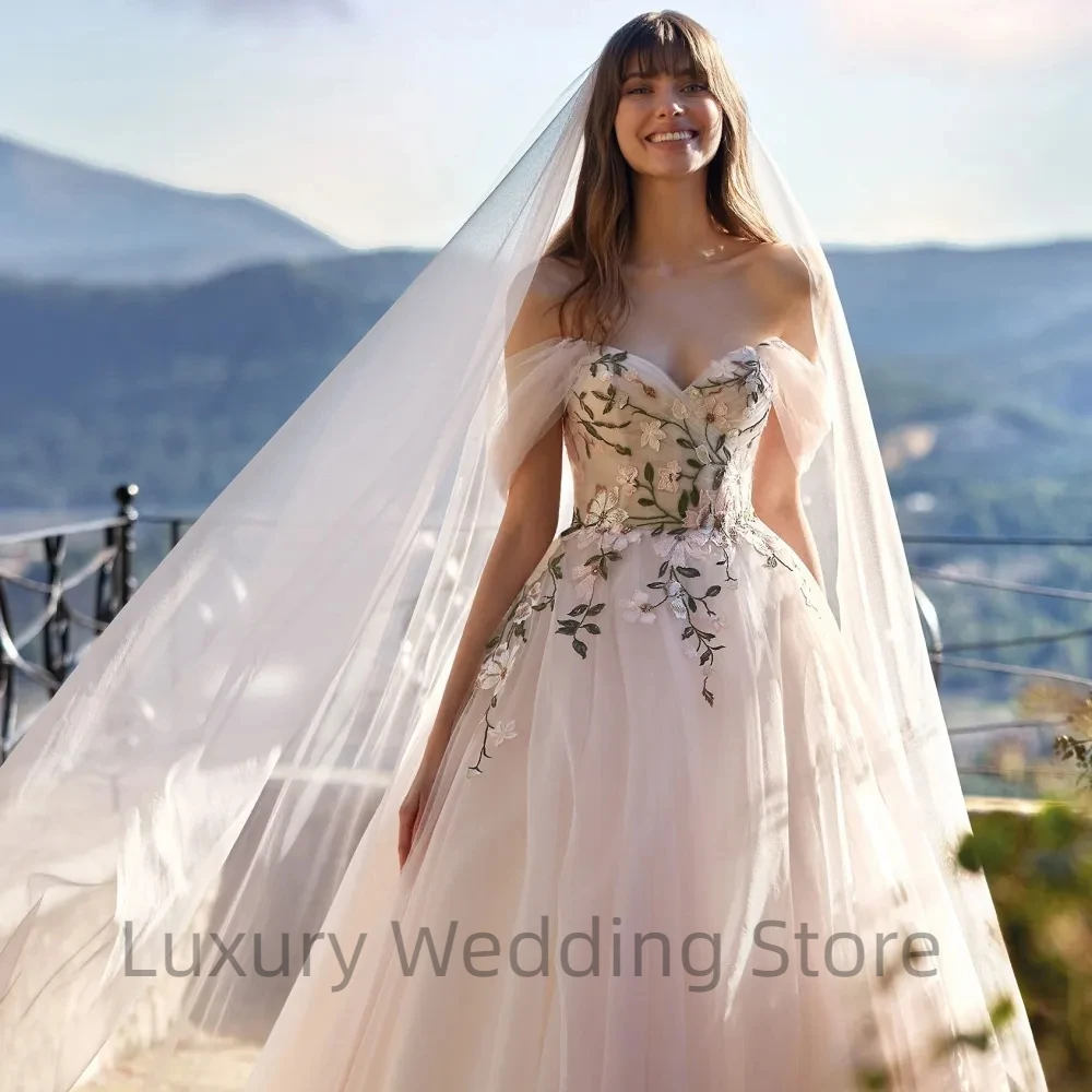 Luxus neue elegante lange Brautkleid von der Schulter klassische V-Ausschnitt Applikationen Brautkleider einfache A-Linie Vestido de Novia – Detail 2
