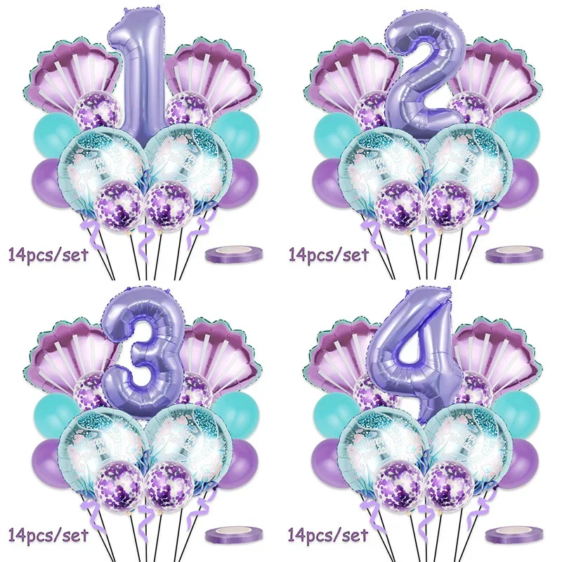 32 Zoll Meerjungfrau-Geburtstagsballons Set Lila Muschelfolien-Zahlenballon Glückliche Mädchen Kleine Meerjungfrau 1. 2. 3. 4. Geburtstagsballon