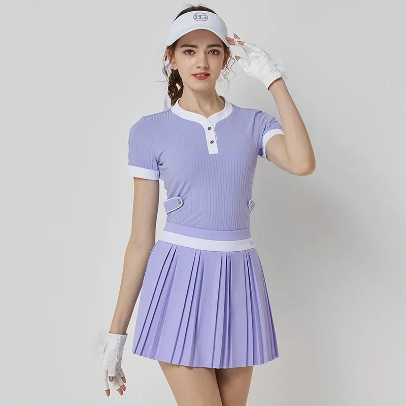 Blktee Woman Patchwork Short Sleeve Shirt Slim Fast Dry Golf T-shirt Anti-light Pleated Skirt High Waist Elegant Casual Skort