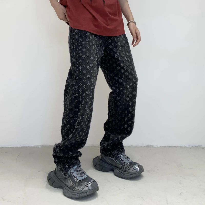 2024 street Latest designer Pattern Jacquard Jeans Looser Hollow-out Men's Pants Full Length Denim Clothing Black Blue men's pan 4