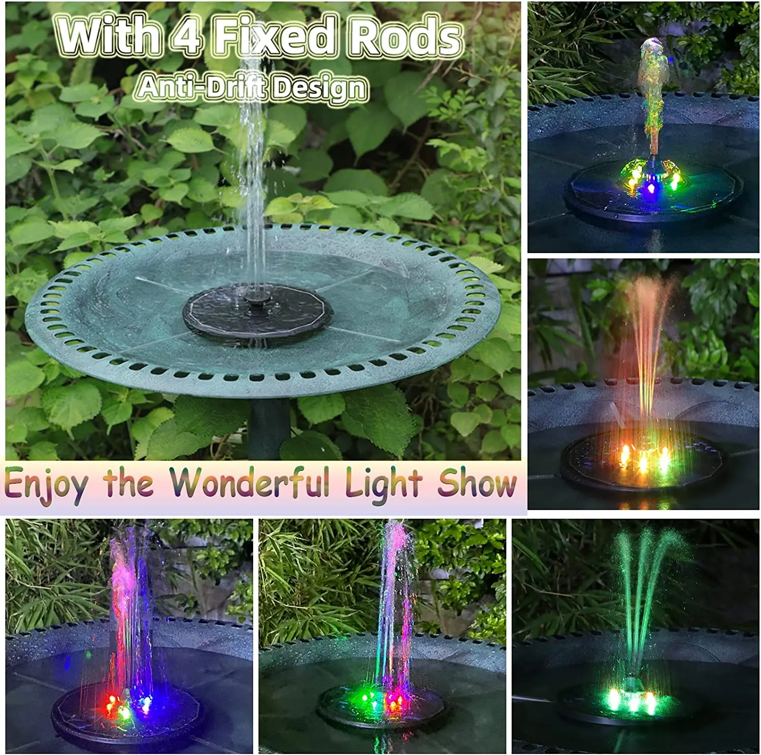 Solar Fountain Water Pump with color LED Lights for Bird Bath 3W with 7 Nozzles & 4 Fixers Garden Tank solar fountain,solar fountain pump,water fountain,garden pond fountain,solar water pump,bird bath,bird bath supplies