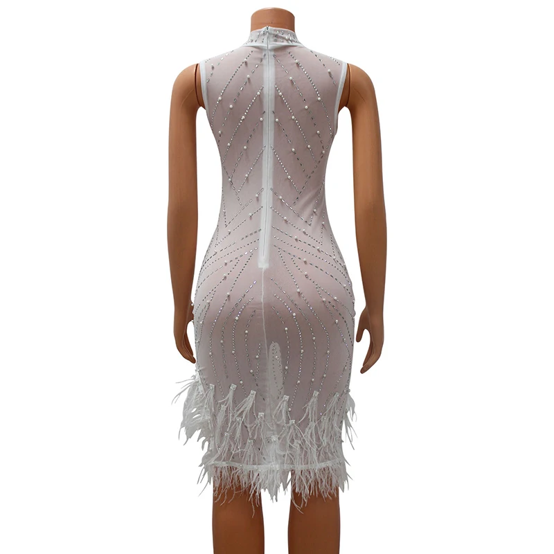 New Fashion Feather Pearl Diamond Sheer Mesh Mini Party Dress Women\'s Sexy Standing Neck Sleeveless Asymmetric Fit Tank Top